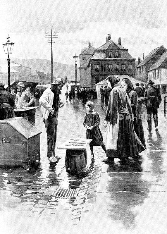 渔夫在街上卖鱼在卑尔根，挪威- 19世纪